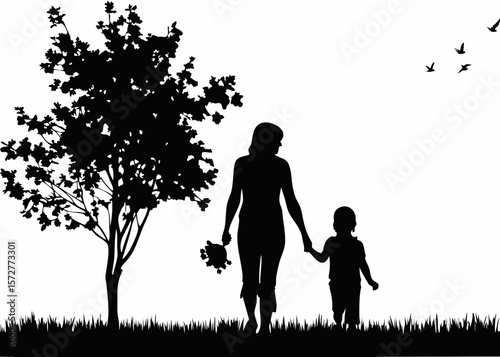 Mother and child walking together - silhouette representing nurturing, parenting, family bond, and peaceful strolls for love and care themes.