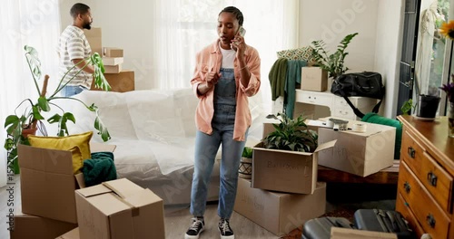 Moving in, boxes or woman with stress for phone call with delivery mistake, shipping damage or angry. Couple, people or speaking to furniture removal service for lost items, relocation and complaint