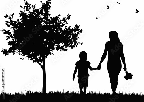Silhouette of mother holding child's hand on a walk - great for emotional bond, support, and caring motherhood moments in design themes.