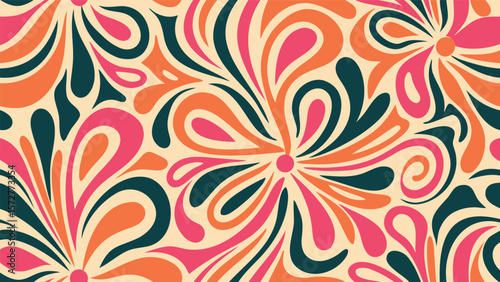 A retro inspired floral pattern with swirling petals in orange pink and teal on a cream background