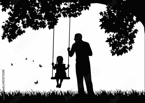 Silhouette of a parent pushing a child on a swing - symbol of care, bonding, parenting moments, and joyful childhood play for family-themed sticker art.