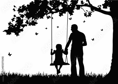 Swing silhouette with parent pushing child - ideal for parenting, joy, and emotional family moments in sticker and merch artwork.