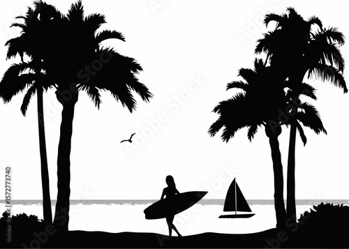 Minimalist surfer girl silhouette between palm trees - a stylish beach vibe sticker representing summer, surf culture, and oceanside freedom in iconic form.