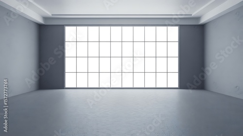 Empty gray room with large grid window concrete floor