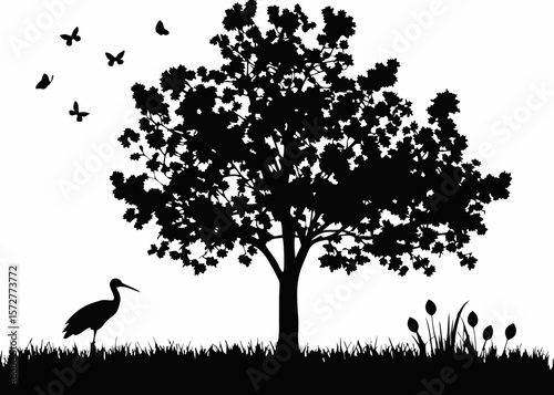 Minimal tree and grass silhouette sticker - represents serenity, earth connection, and quiet beauty in outdoor-themed eco and nature-based designs.