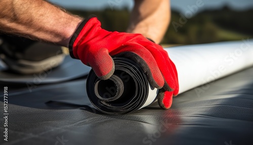 Roofing Worker Preparing a Roll of EPDM Roof Membrane Material, forces on hand closeup