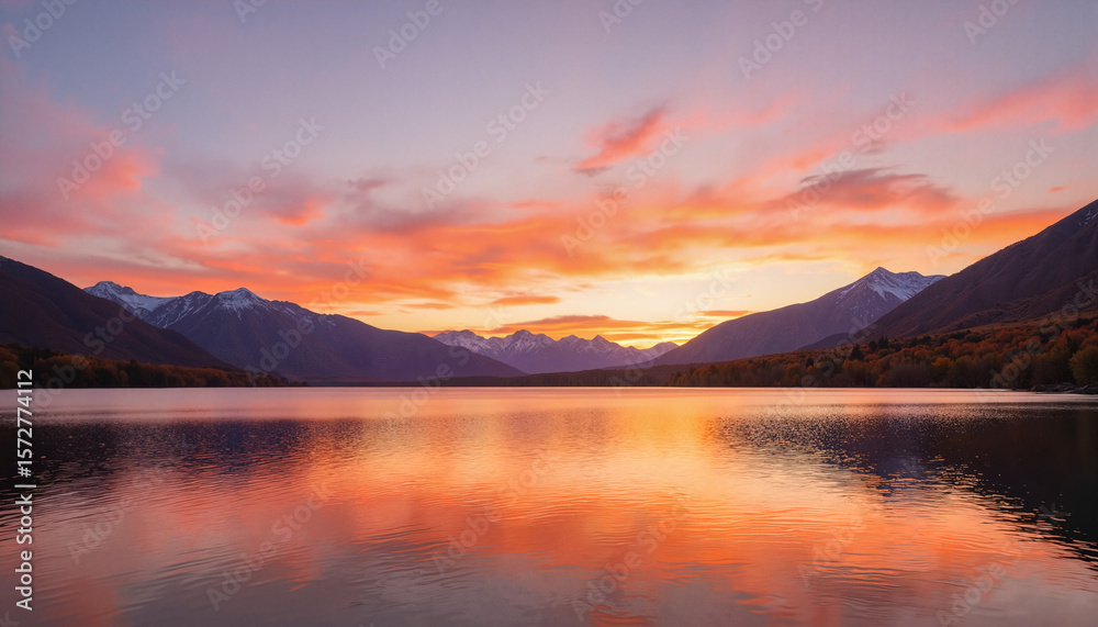 Fototapeta premium Serene lake landscape reflecting mountains and sunset sky colors 