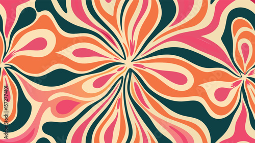 Retro floral pattern with layered petals in orange pink and cream on a dark teal background
