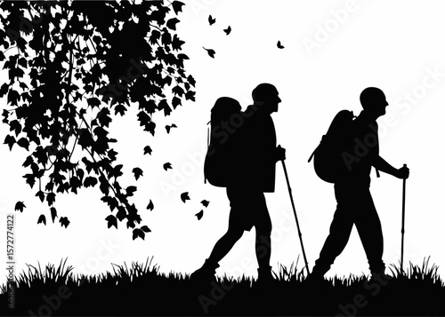 Nature trekking duo sticker – silhouette of hikers side by side, made for lovers of trails, adventures, and mountain escapes where camaraderie and exploration unite.