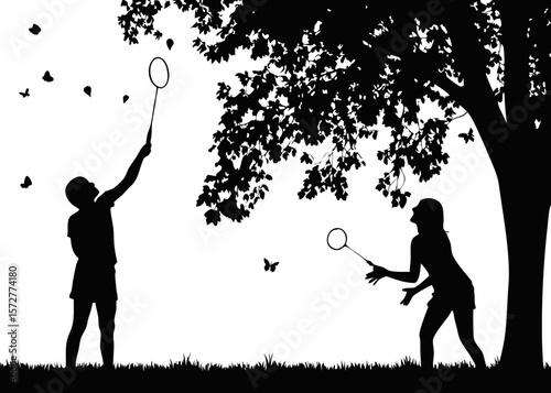 Two-player badminton silhouette – expressive motion sticker for fans of fast-paced sports, outdoor rallies, and the joy of a competitive match between friends.