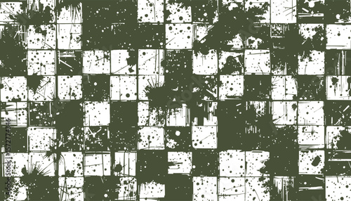 Illustrated geometric checkered pattern featuring grunge texture and paint splatter details, conveying artistic flair.