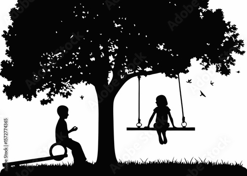 Silhouette of two children playing on a seesaw under a tree - perfect for childhood memory SVGs, outdoor play stickers, family decor, and nostalgic illustration projects