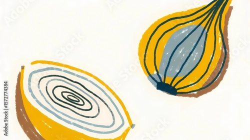 A simple illustration of two onions, one whole and one cut in half, on white background