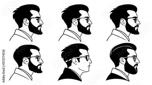 "Modern, clean graphic of 16 unique male silhouettes, each face differentiated by hairstyle, beard, and eyewear style, all with blank expressions and uniform lighting — minimalist aesthetic, pure whit