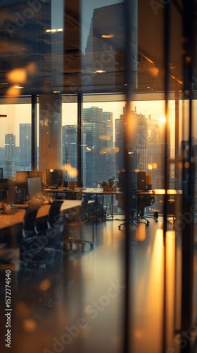 Blurred Modern office with glass walls, city skyline view, and warm lighting Modern office interior with city skyline view.