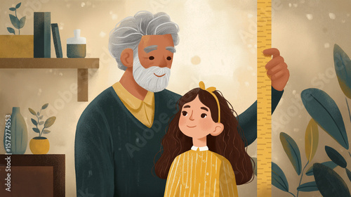 Father Measuring Daughter's Height in Cozy Home Setting