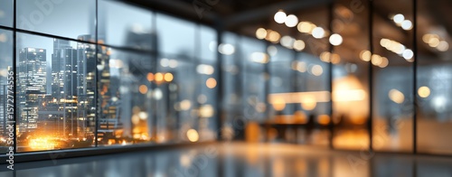 Blurred Modern office with glass walls, city skyline view, and warm lighting Modern office interior with city view.