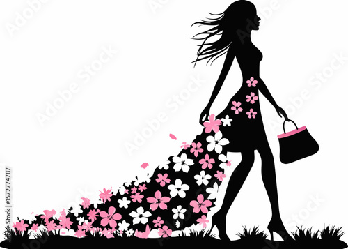 Chic silhouette of stylish woman carrying a purse - ideal for SVG branding kits, fashion product labels, shopping-themed sticker designs, or beauty merch graphics