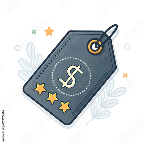Dark gray price tag icon with a dollar sign and eye symbol on white background