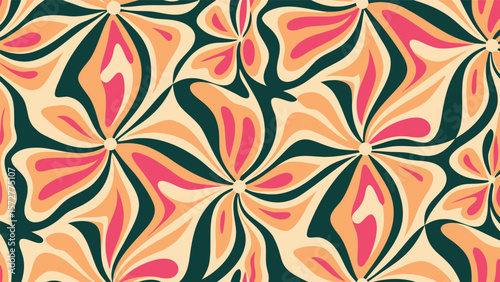 Seamless floral pattern with retro style flowers in shades of orange pink and dark green colors design