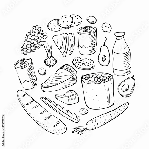 Set of hand drawn supermarket products illustrations. Food doodle sketches. Outline cans, vegetables, fruits, steak, milk, fish, eggs and other grocery items. Vector cooking ...