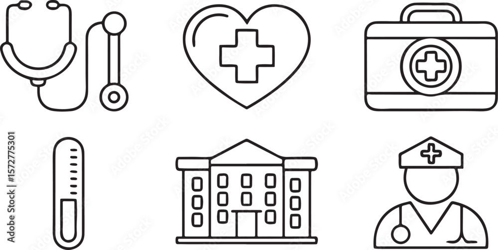 Fototapeta premium Healthcare And Medical Services Icon Collection, Stethoscope, Hospital Building, Doctor Profile, Thermometer, Heart Care, Clean Editable Vector Style