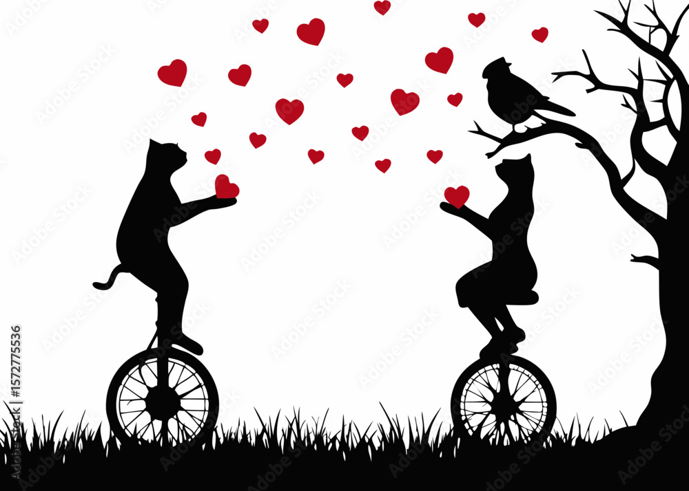 Fototapeta premium Romantic couple silhouette design with whimsical elements - great for wedding stickers, love story art, anniversary SVG crafts, or heartfelt handmade gifts and décor