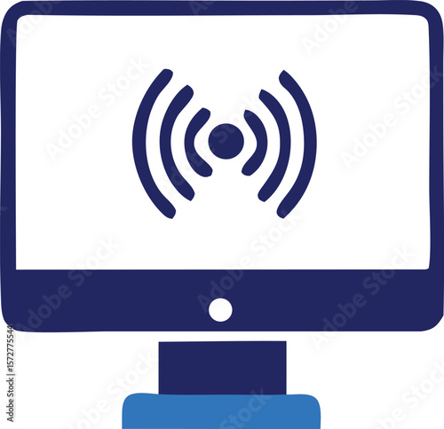 Stylized computer monitor displaying a dark blue wi fi signal icon with radiating waves on a white screen against a white background