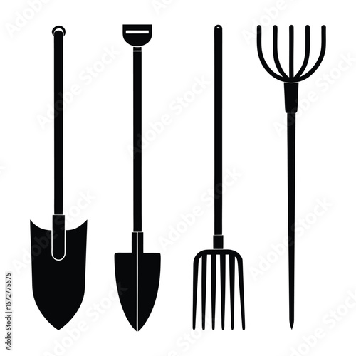 Set of classic farm tools including hoe sickle rake and fork in a clean silhouette style