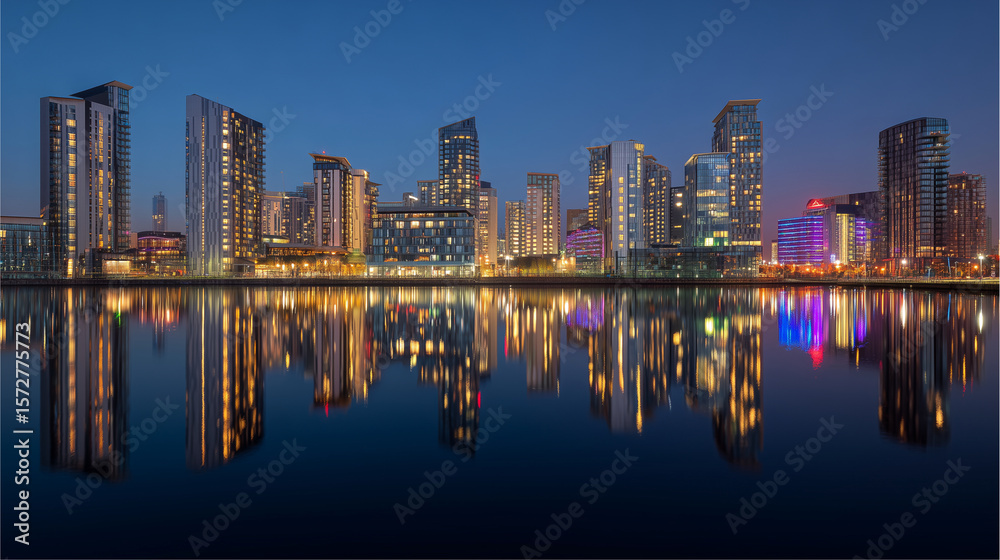Fototapeta premium Contemporary skyline photography at twilight with glowing skyscraper lights and vivid reflections on glass buildings