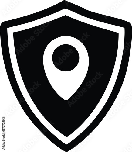 Black shield icon with a white location pin symbol inside representing secure navigation and location protection