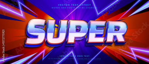Glowing 3D super text with neon lines and dynamic background