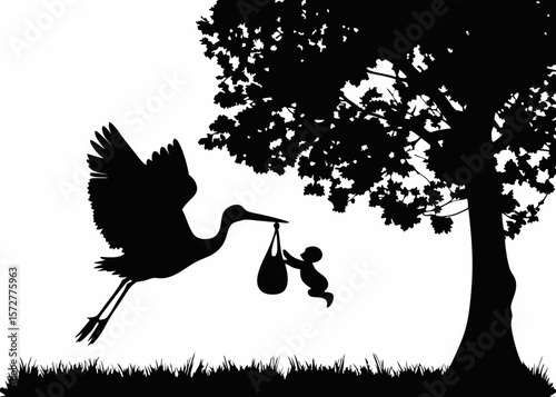 Whimsical stork silhouette delivering baby in cloth-ideal for baby showers, newborn announcements, nursery decor, and gender reveal party invitations or sticker projects
