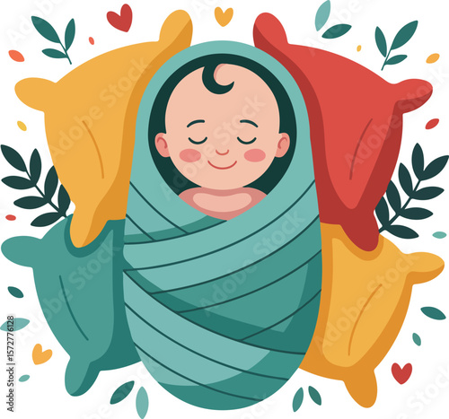 A sweet newborn baby wrapped in a blanket and surrounded by pillows, smiling peacefully transparent png vector