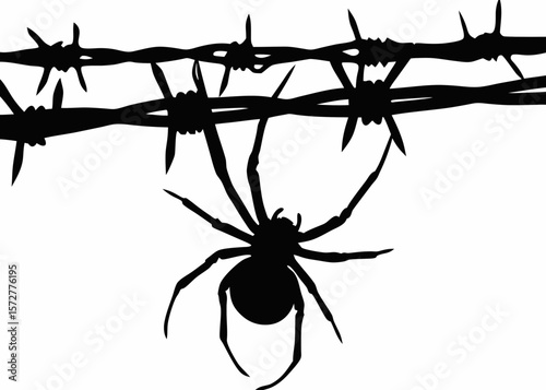 Black silhouette of a spider hanging from a thread, designed in a minimalist horror style for Halloween and spooky sticker visuals