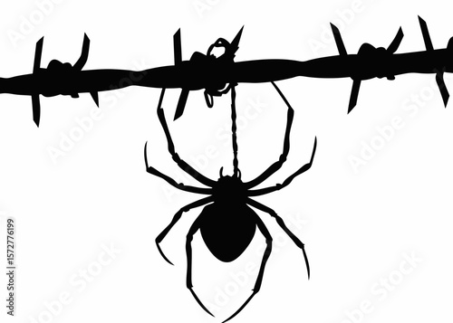 Edgy vector design of a black spider hanging from a thread, ideal for Halloween, horror themes, and eerie black-and-white sticker artwork
