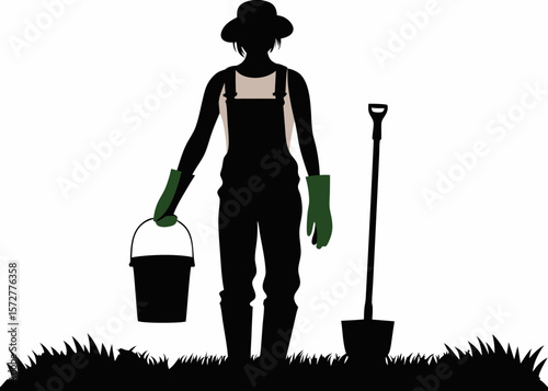 Vector illustration of a female gardener holding a bucket, dressed in outdoor gardening gear, great for plant lovers, eco lifestyle, and nature-based sticker sets