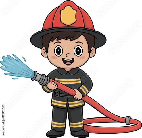 A cheerful firefighter squirting water from a hose transparent png vector