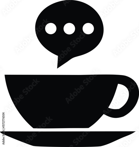 Black silhouette of a steaming coffee cup on a saucer with a speech bubble containing three dots above it signifying conversation or thought