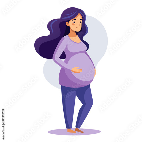 Flat vector illustration of a pregnant woman with her hands on belly, symbolizing motherhood and care, ideal for maternity blogs, medical posters, and parenting content