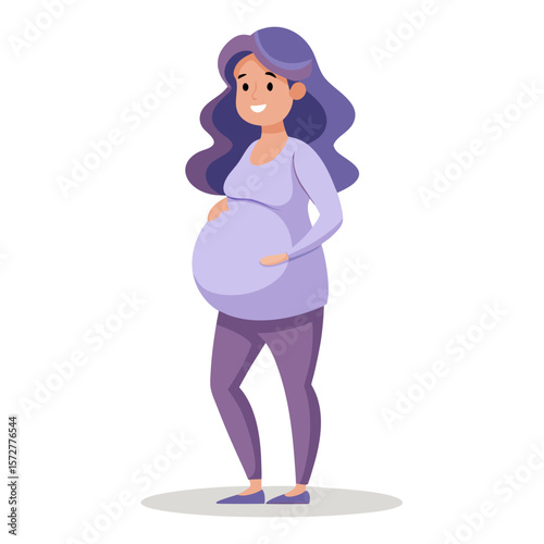 Modern flat design of a pregnant woman embracing her belly, used in maternity health campaigns, baby shower invitations, and prenatal wellness designs