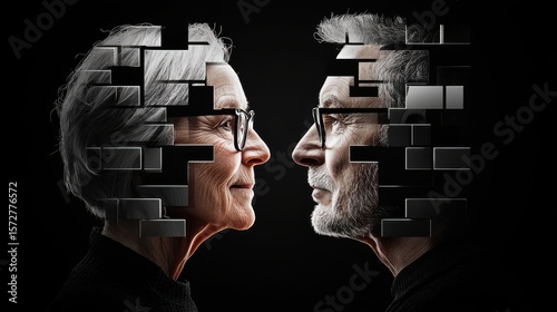 An abstract 1-giixel portrait visualizes elderly couple's connection with geometric fragmentation representing memory and aging in a modern, v2-3000h style.
