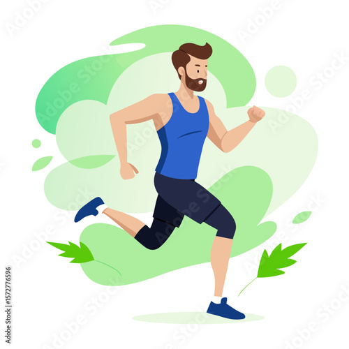 Flat vector of an athletic young man jogging confidently, designed for fitness trackers, health blogs, wellness platforms, and gym promotional content