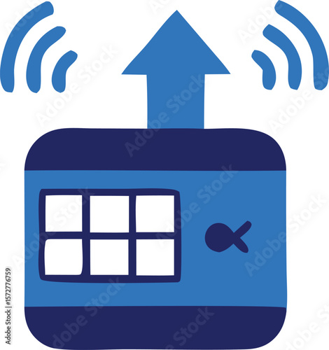 Blue cartoon device with upward arrow and wi fi signals representing data upload or connection
