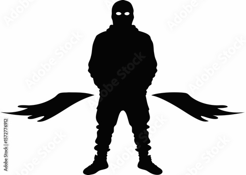 Vector of mysterious character in hooded black streetwear—great for edgy urban fashion themes, dystopian art, or futuristic SVG avatar design