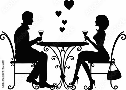 Silhouette of a loving couple toasting with wine glasses—ideal for romantic evenings, couple-themed SVG artwork, or Valentine's dinner celebration scenes