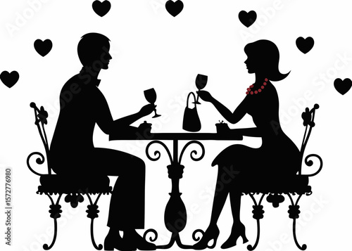 Elegant silhouette of couple sharing wine under candlelight—perfect for romantic stickers, Valentine scenes, and wine-themed couple vector designs