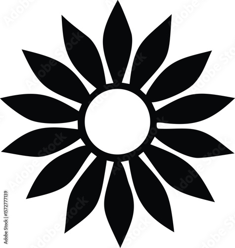 A stylized black and white graphic representation of a sunflower or starburst with a central circle and radiating petal like shapes