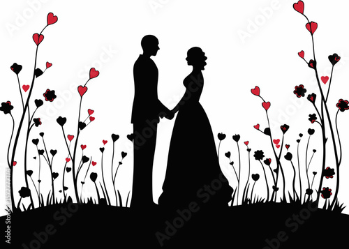 Elegant silhouette of a bride and groom standing together—ideal for wedding invitations, couple celebration cards, and romantic SVG vector collections
