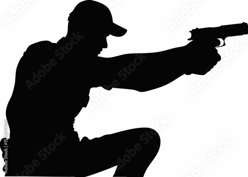 Powerful silhouette of a police officer in tactical stance holding a weapon—perfect for law enforcement and SWAT-themed vector designs and SVG projects